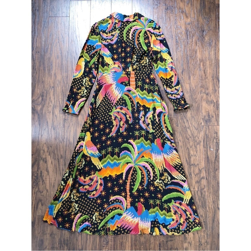 Farm Rio • Macaw Island Dress long sleeve maxi black cross stitch print - Picture 14 of 16